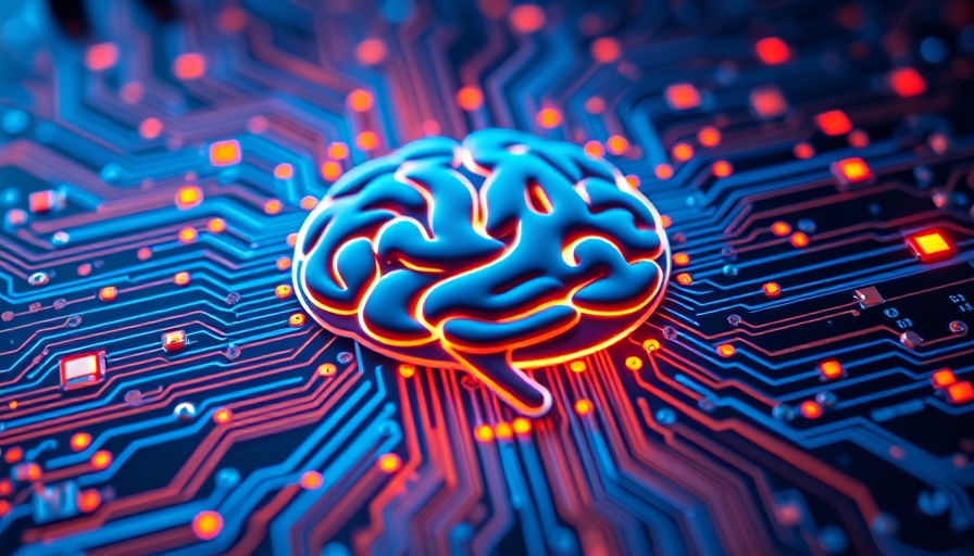 Agentic AI circuit board with brain symbol and glowing circuits.