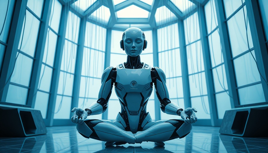 Agentic AI robot meditating in a futuristic room.