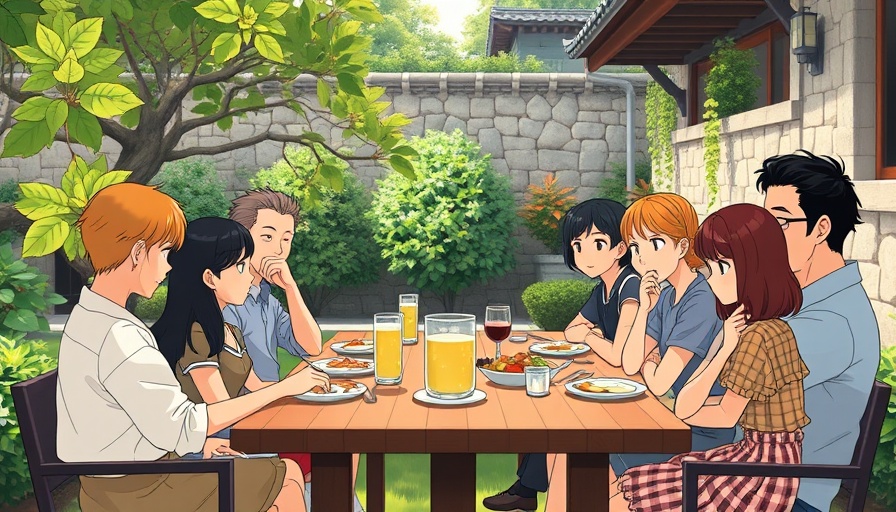 Ghibli-style animated group dining outdoors in a serene garden.