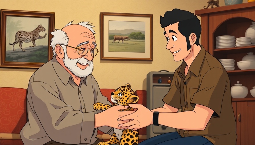 AI-generated visuals with Ghibli aesthetic, cartoon of an older man feeding a cub.