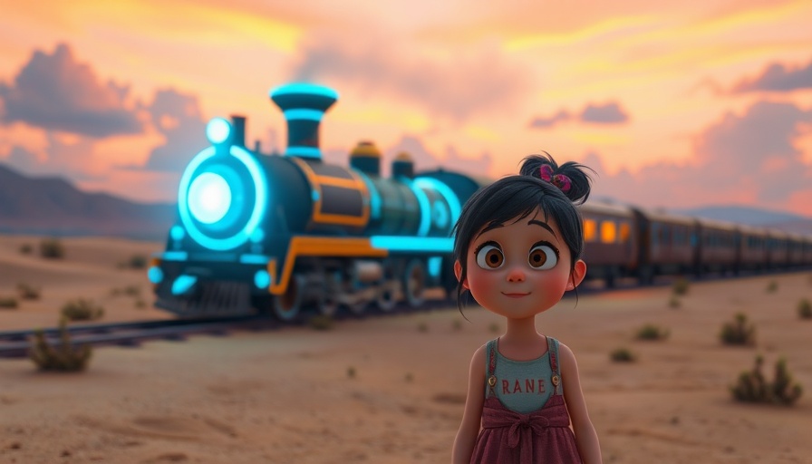 Magical train in desert sunset with surprised girl.