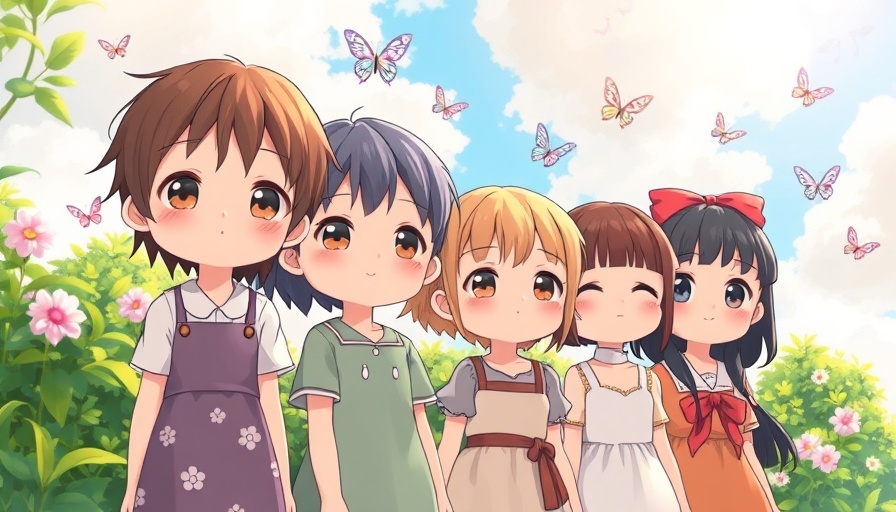Ghibli-style characters with butterflies in a bright sky