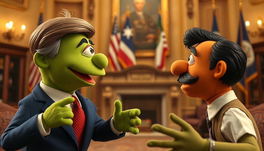 Three puppets engaged in animated discussion in formal room, ai feed context.