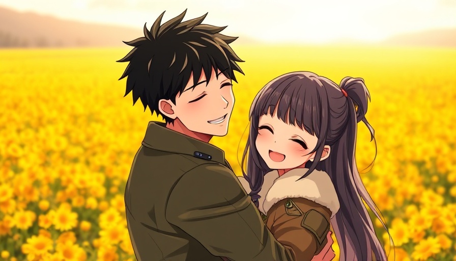 Grok 3 AI images: animated couple embracing in a flower field.