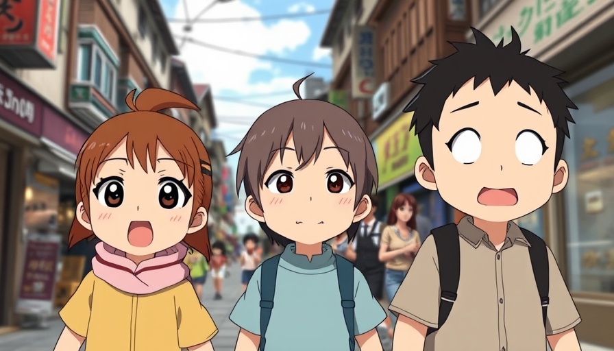 Anime-style characters in lively discussion on a city street, Studio Ghibli-style.