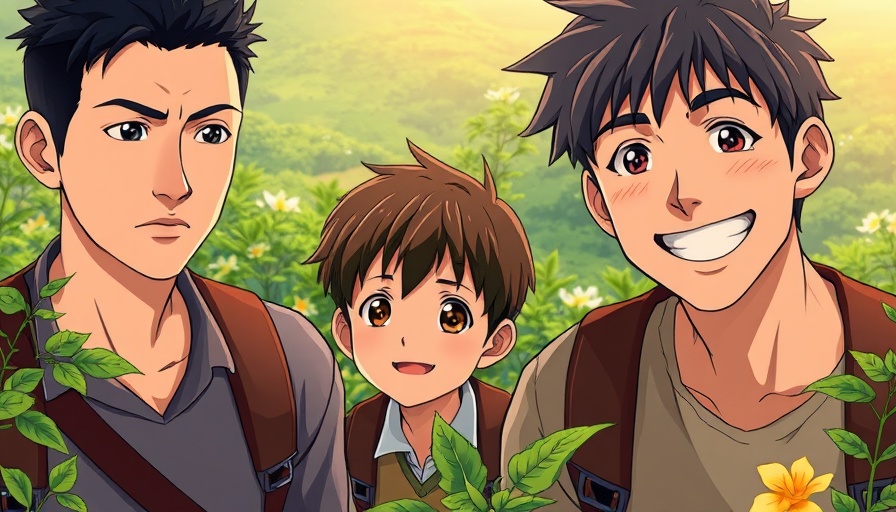 Ghibli-style AI portraits of two men and a boy in anime setting.