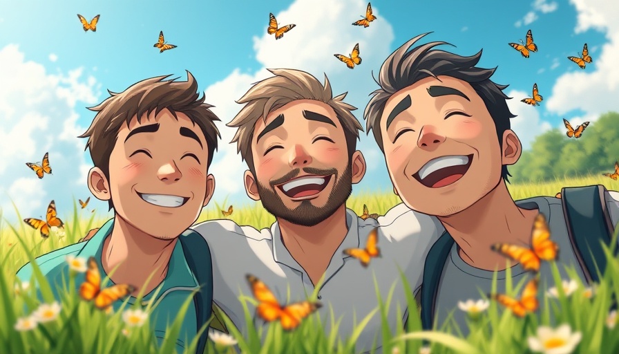 Ghibli-style AI art of three smiling men with butterflies.