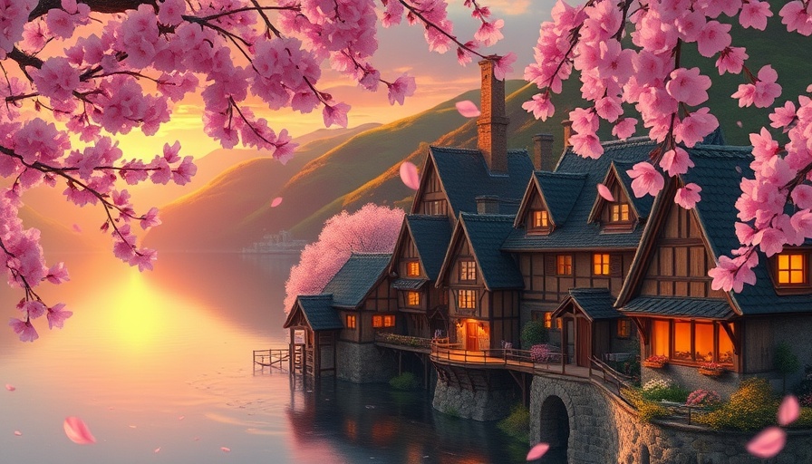 Ghibli art village scene with sunset over lake
