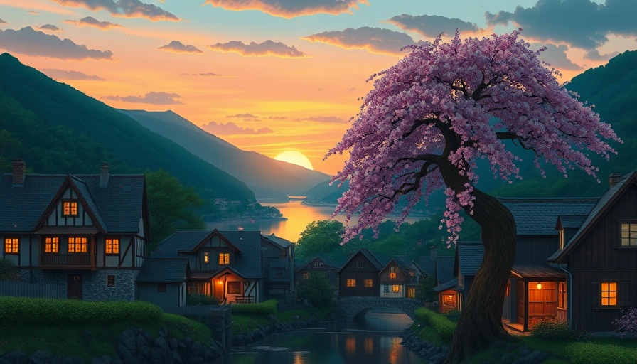 Studio Ghibli AI artwork of a calm village scene at sunset.