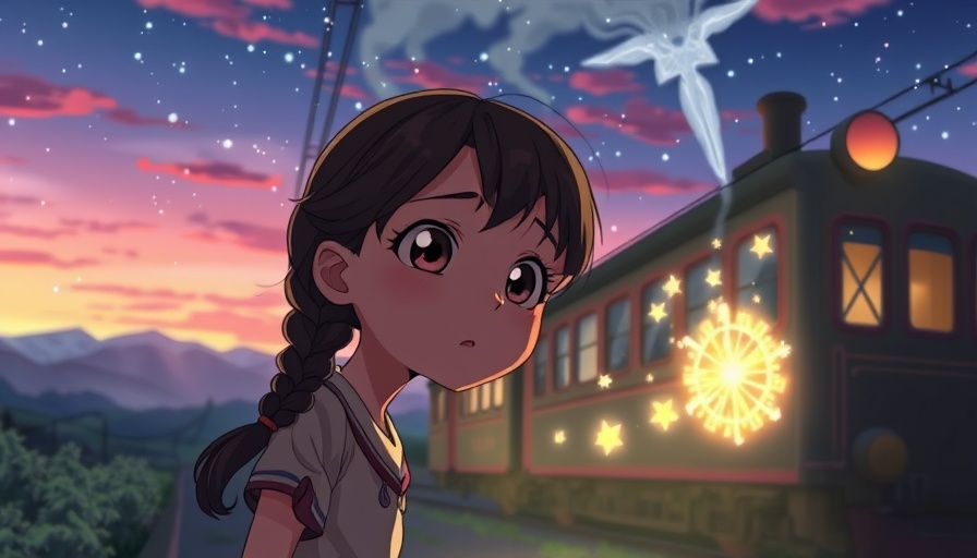 Ghibli-style animated girl with glowing train at dusk