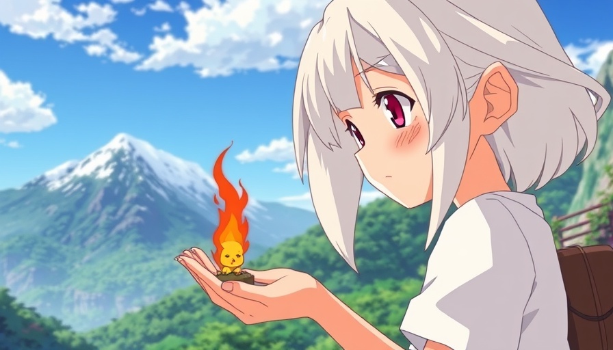 Youthful character holding a fire spirit, Ghibli style art, lush landscape.