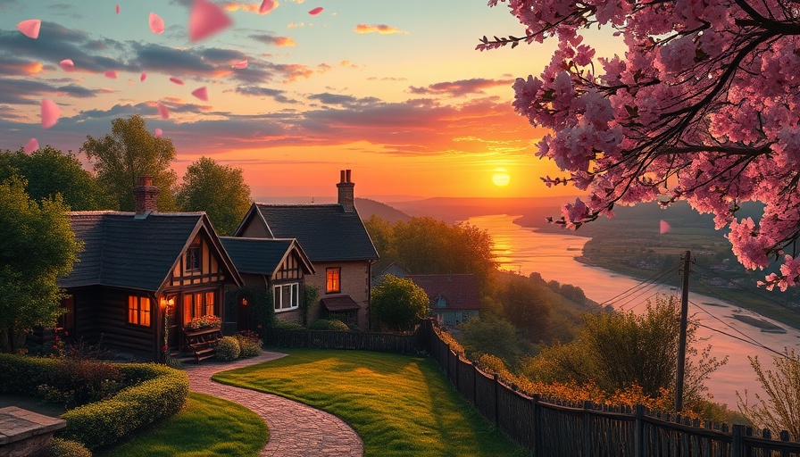 AI Art Generation of a serene sunset village scene.