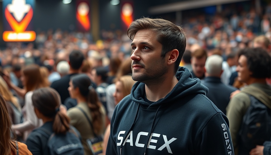 Casual scene at public event with diverse crowd and man in SpaceX hoodie.