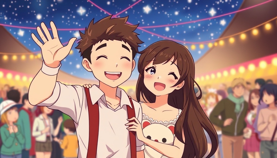 Cheerful animated couple waving in Ghibli-style crowd