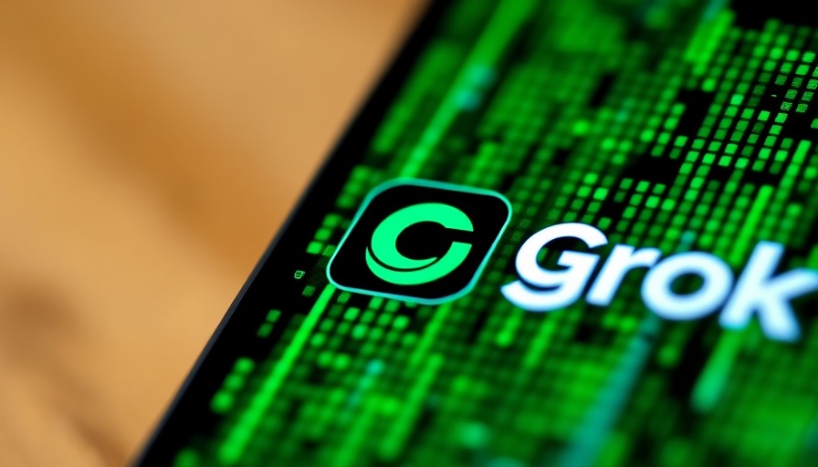 Grok AI logo on smartphone with digital background.