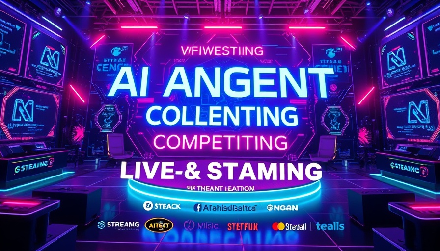 Futuristic AI agents live-streaming event advertisement with digital graphics.
