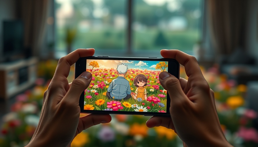 Smartphone displays anime scene in lush field on AI feed.
