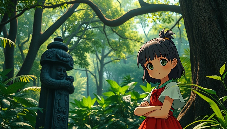 Ghibli-style scene with a girl and stone statue in a forest, AI Tools for Ghibli Art.