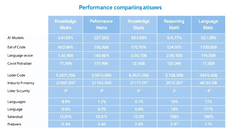 Comparison table of AI model performance across metrics.