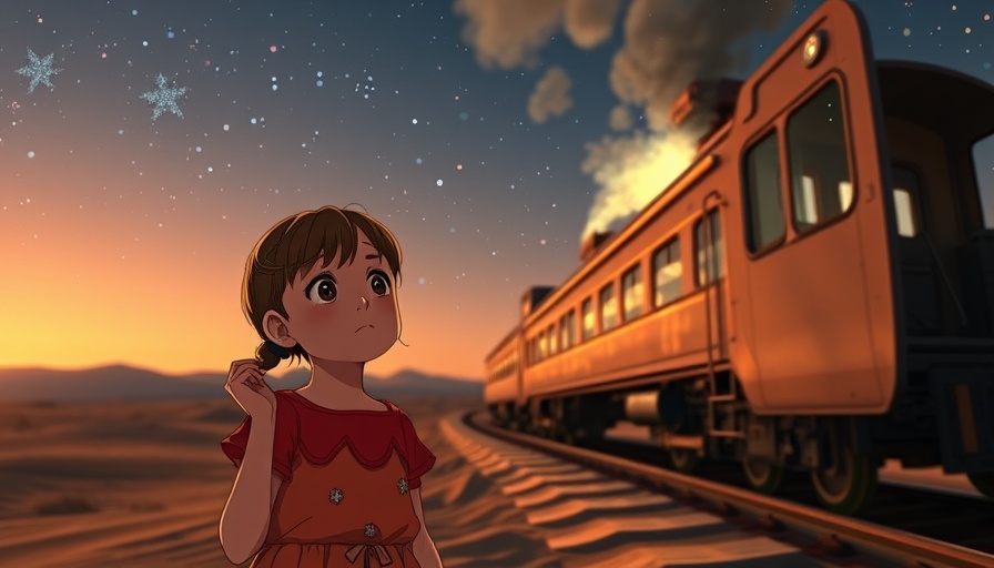 Ghibli-style image of amazed girl and magical train at sunset.