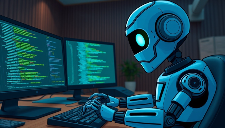 Futuristic robot using computer in a coding environment, cartoon style.