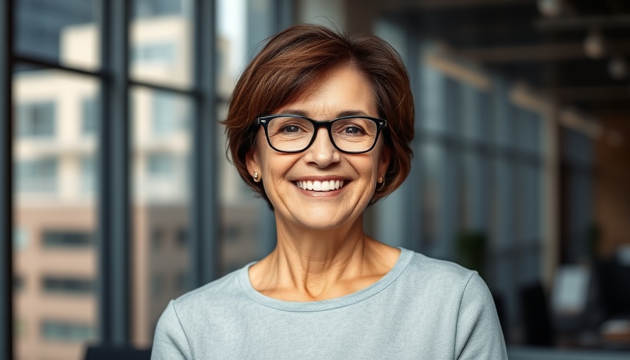 Middle-aged woman smiling in an office setting, Microsoft AI