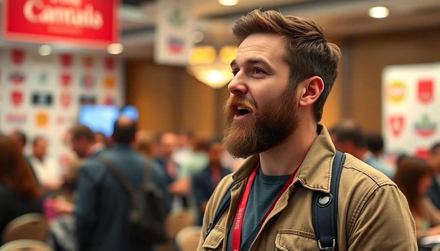 Man speaking at tech conference, AI news discussion.
