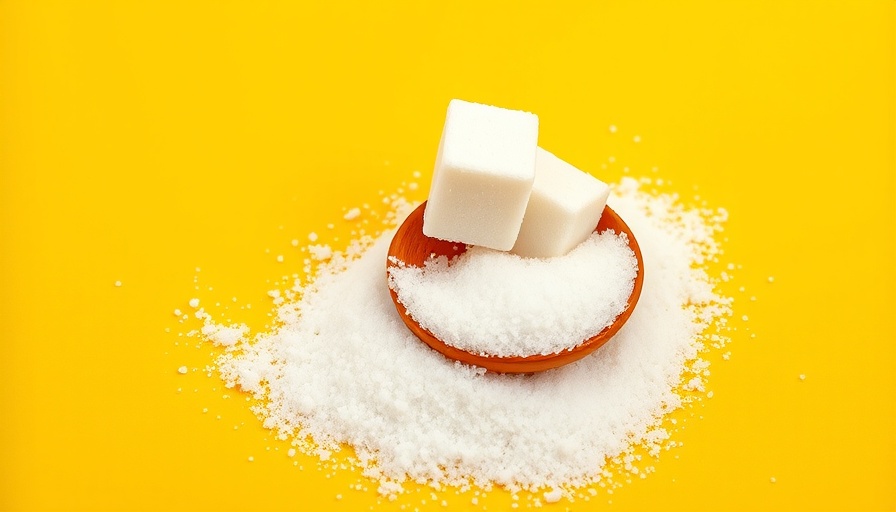 Wooden spoon with sugar cubes on yellow background, highlighting hidden sugar in packaged foods AI.
