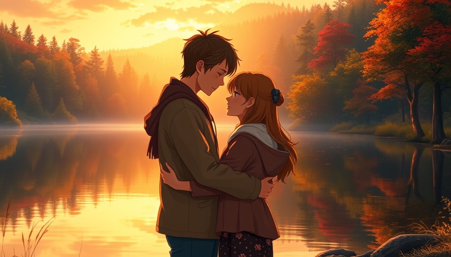 Ghiblification art AI: couple embracing by a lake at sunset