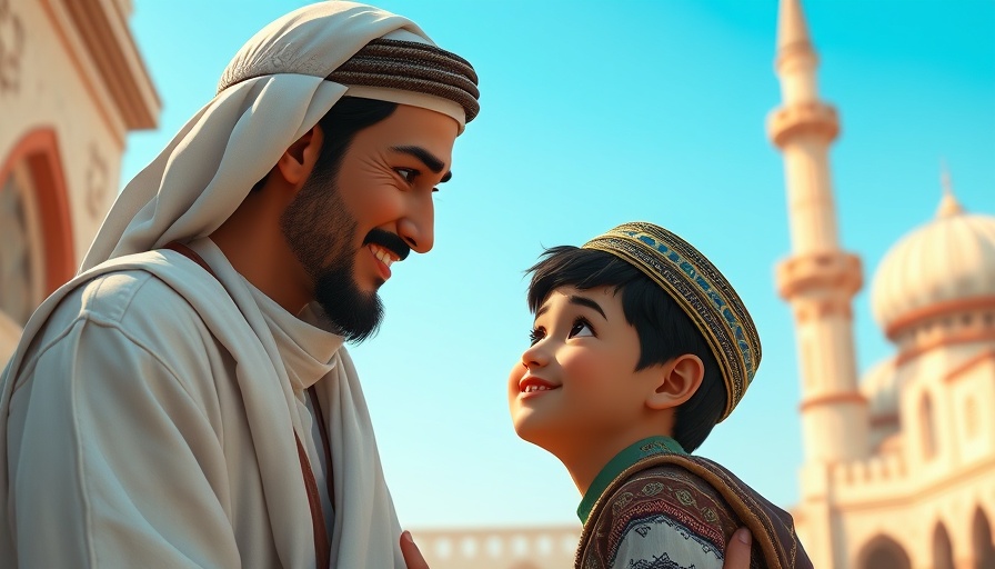 AI-generated Ghibli-style Eid art of man and boy sharing affection.