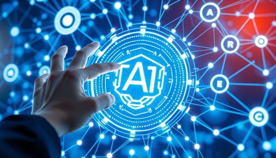 Futuristic AI interface with hand interaction and digital symbols.