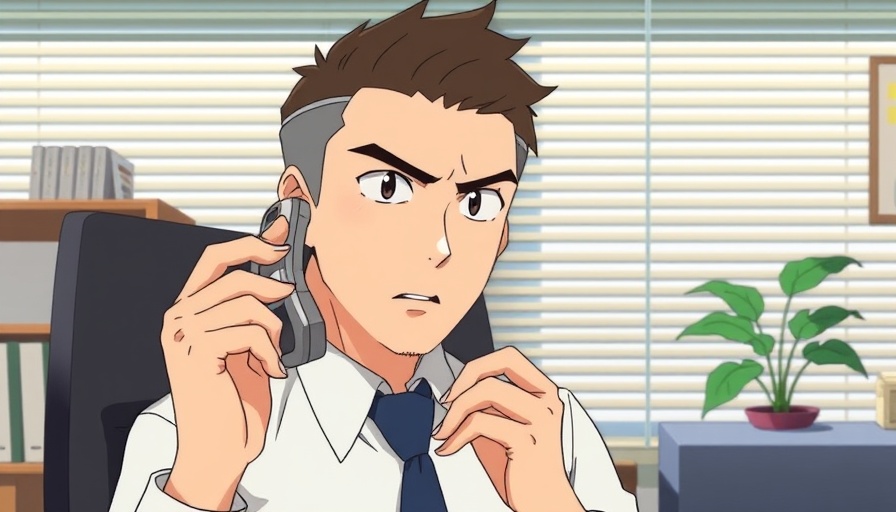 Ghibli style animated businessman on phone in office.