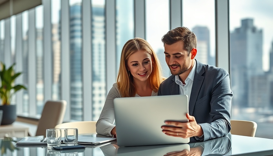 Two professionals discuss agentic AI in modern office setting with laptop.