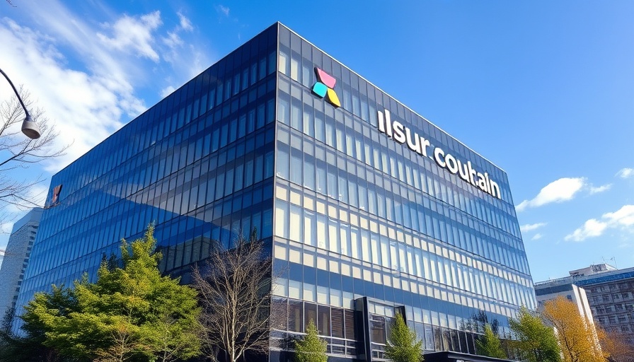 Modern corporate headquarters with vibrant logo reflecting sky, futuristic design.