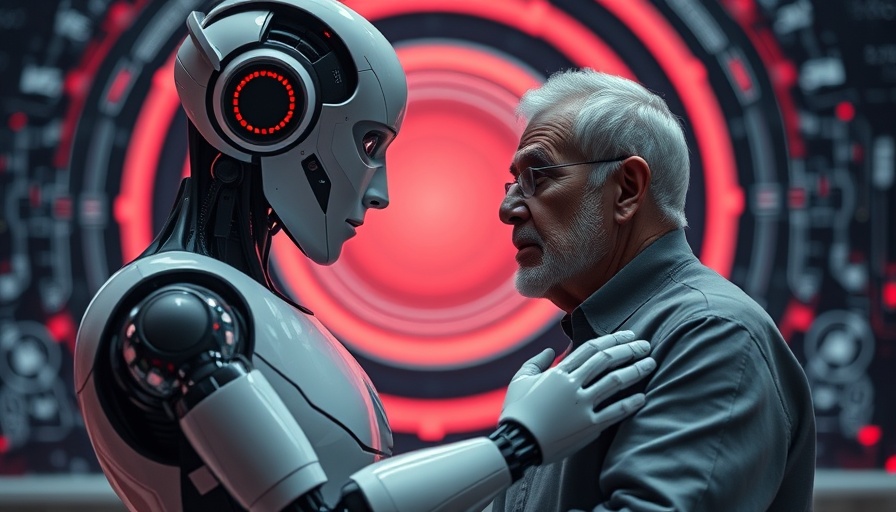 AI robot comforting an elderly man in healthcare setting.