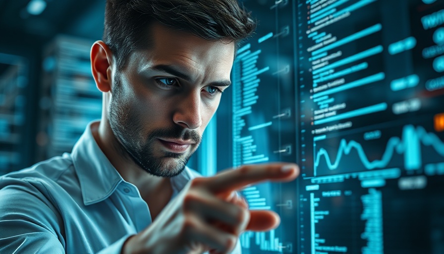 AI agents cybersecurity concept with focused man analyzing digital data.