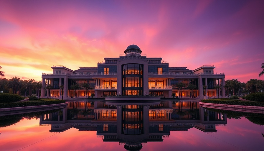 Majestic building at dusk with water reflection, enhanced colors.