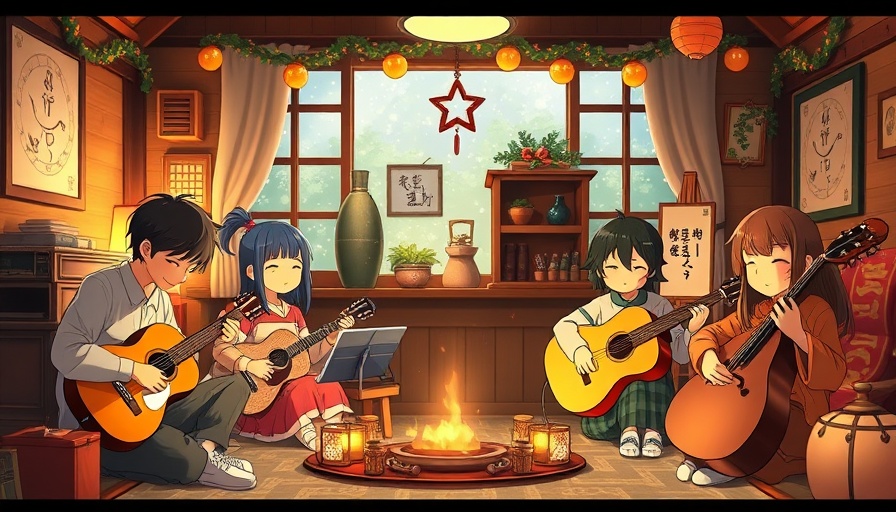 Ghibli-inspired music scene with musicians and instruments.