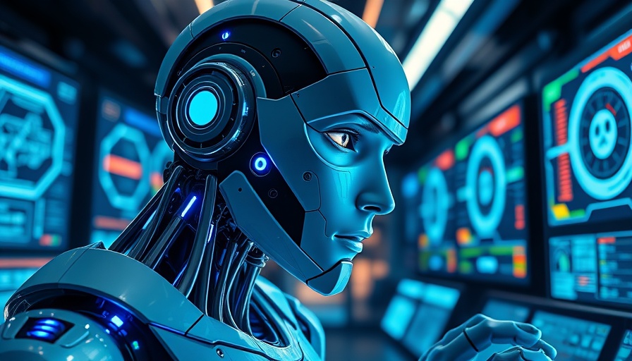 Futuristic AI robot and digital holographs in high-tech room for trending AI news.