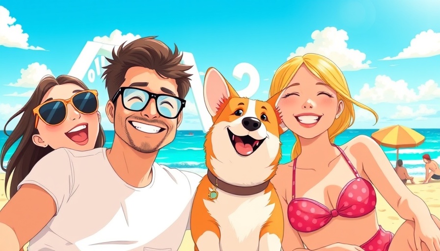 Ghibli-style AI art of a couple and Corgi on a beach.
