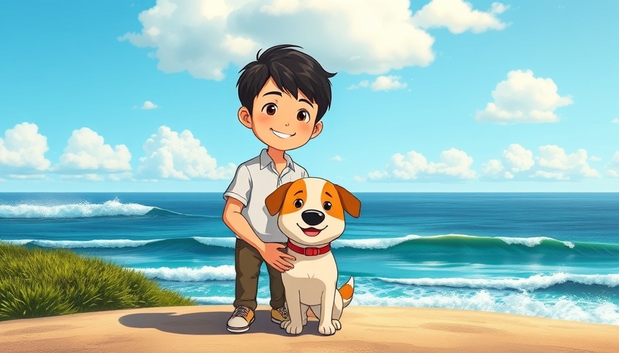 Studio Ghibli AI trend image of couple and dog on beach
