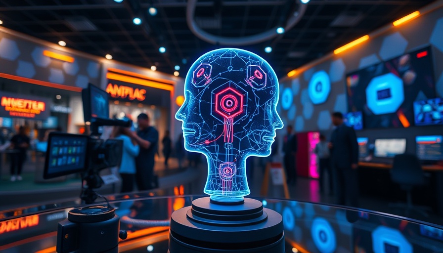 Futuristic display of autonomous AI agents at a technology exhibit.