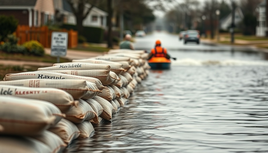 Flooded street with sandbags and rescue workers, AI climate change prediction