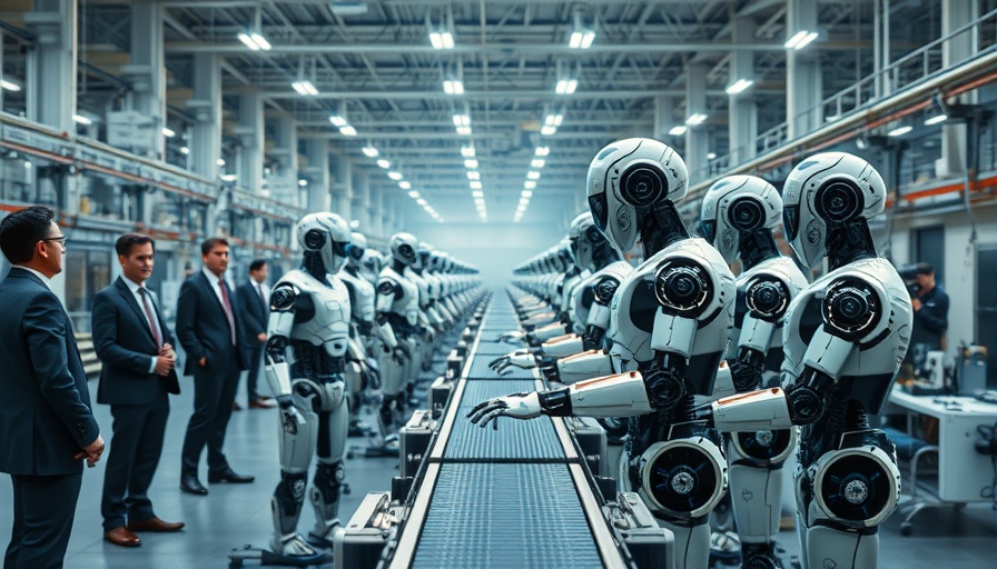 Futuristic AI agents in robot assembly line with observers.