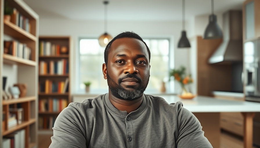 Mature man reflecting on recession impact on housing market in kitchen.