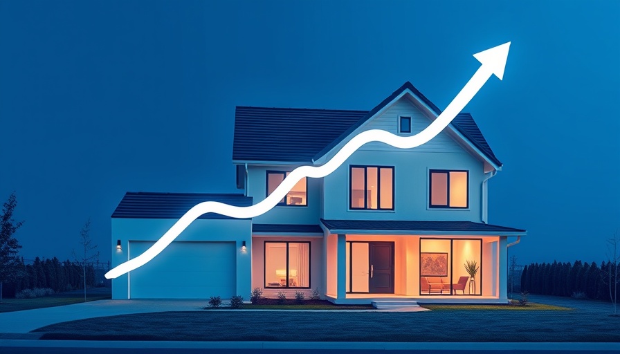 Illustration of national housing trends with a modern house and upward arrows.
