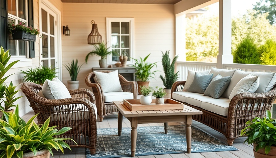 Charming patio with wicker furniture and cozy textiles, affordable outdoor pillows and rugs.