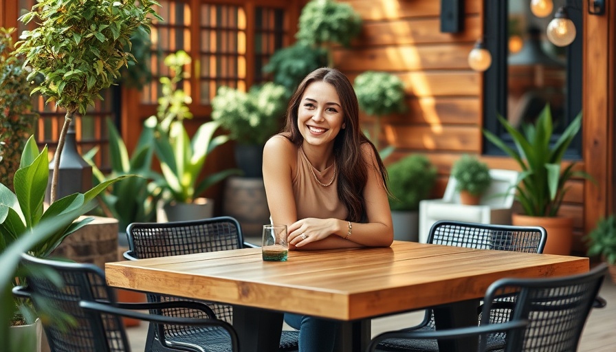 Modern outdoor living space design with a woman and stylish furnishings.