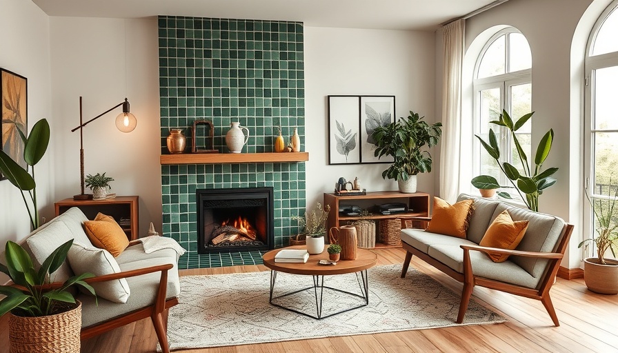 Cozy living room with green tiled fireplace showcasing affordable tile trend.