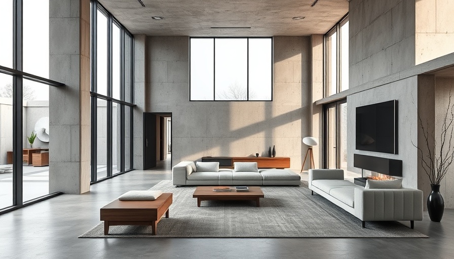 Modern living room showcasing brutalism design trend with concrete and wood elements.